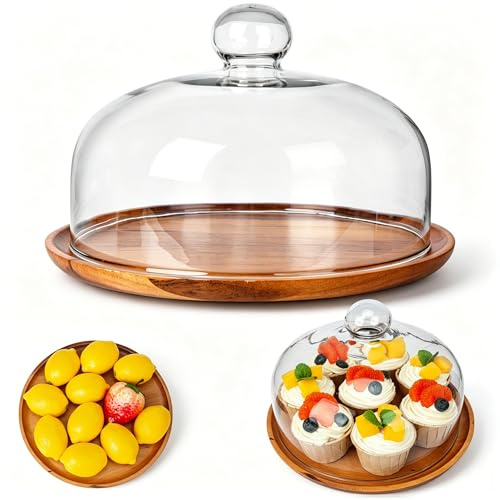 10 Inch Wooden Base Cake Display Stand with Glass Dome,Cloche Clear Glass Bell Jar Cover for Dessert Cheese Candy Plants Succulents(for up to 8.5inch in Size)