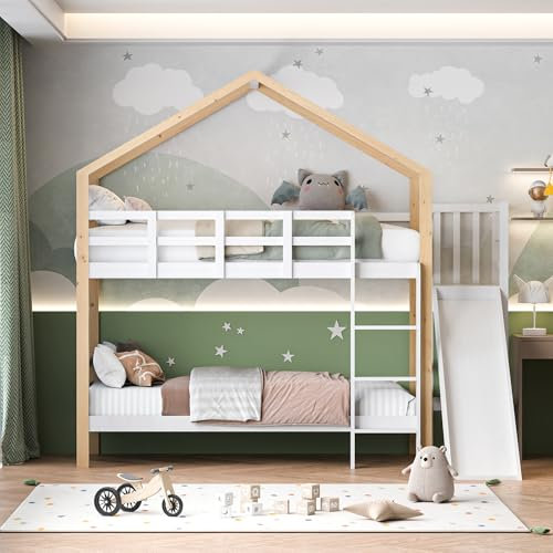 Derefine Bright Designs Twin Over Twin Bunk Bed with Slide and Ladder, Twin Over Twin Bunk Bed with Roof and Security Guardrails for Girls Boys, No Box Spring Needed, Wooden