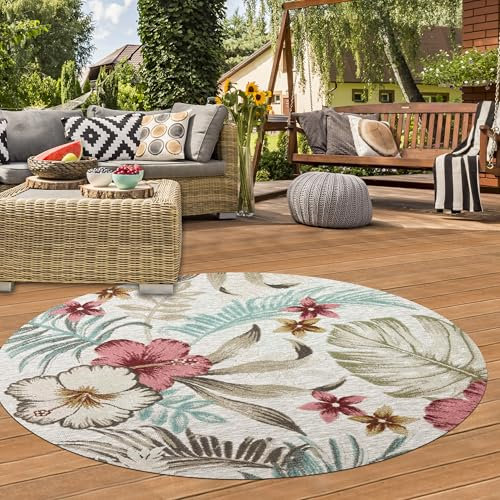 Teppich-Traum Teppich für Balkon Flur Wohnzimmer wetterbeständig floral Hoch Tief Effekt Outdoor türkis bunt 120 cm Rund