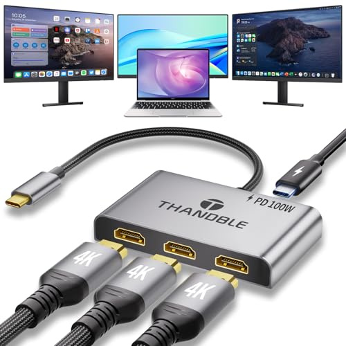 THANDBLE USB C to 3 HDMI Adapter with 100W PD Charging, Triple 4K60Hz Monitor Extender for Dell/Surface Pro/HP, HDMI Splitter Extended Display Hub, Plug & Play Laptop Multi-Screen Adapter