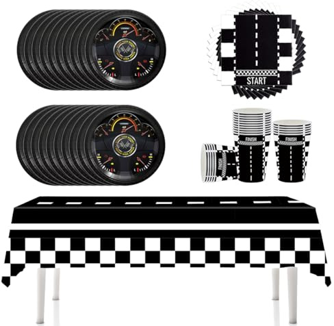 YINcrinx Vaisselle de fête pour la course automobile. Comprend assiettes, gobelets, nappes et serviettes. Convient pour les anniversaires d'enfants et les fêtes de naissance, jusqu'à 20 invités.
