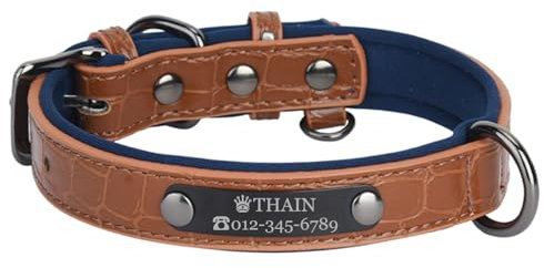 THAIN Personalised Dog Collars microfiber leather with free engraved name plate, neoprene padded Pet Collar for Puppy Small Medium Large Dogs (Brown+Blue, M(neck 11.4-14.9))