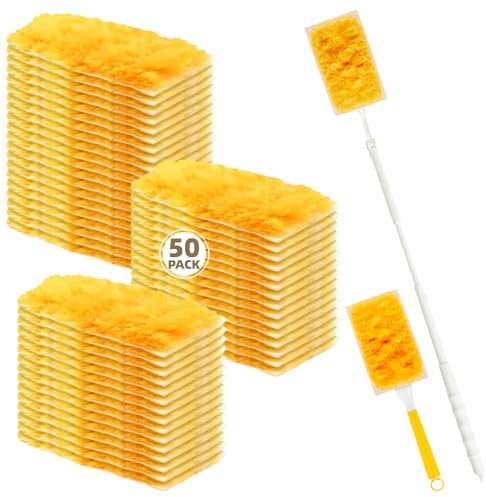 Loveco 52 Stück Kompatibel für Swiffer Staubmagnet Nachfüllpack, Einweg Staubwedel für Swiffer Duster Nachfüllung für Tierhaare, Staub, Schmutz (50 Gelb Tücher + 1 Teleskopgriff + 1 Handgriff)