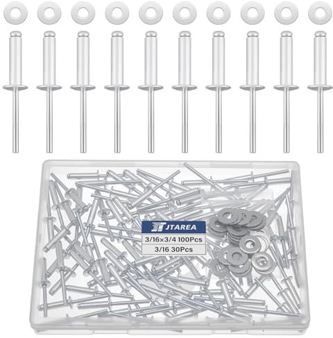 JTAREA 130 Stück 4,8 × 20 mm Aluminium Blindnieten mit Unterlegscheiben Nieten Popnieten Blindniete Großkopf Alu Kernnieten mit Rundem Kopf (Silber)