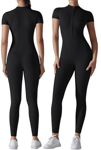 SEAUR Sport Bodysuit Damen Lang Kurzarm Jumpsuit Bodycon Strampler 1/2 Zip Einteiler Yoga Overall Eng für Gym Fitness Jogging - L