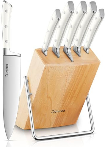 D.Perlla Messerblock Set 6 teilig Messerset mit Holzblock Küchenmesser Set mit Scharfe Klingen, Edelstahl mit Hohem Kohlenstoffgehalt,Weiß
