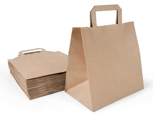 Inoverse 50 stk Papiertüten mit Henkel, Papiertragetaschen, 32+22x25 cm Geschenktüten, Braun Kraftpapiertüte, Papiertaschen, Groß Einkaufstüten