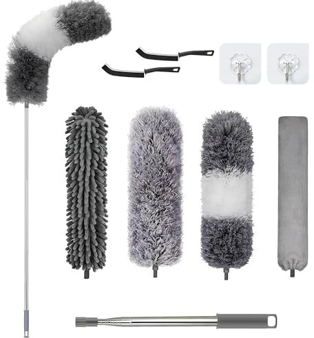 Feather Duster,9 PCS Extendable Duster with Extension Pole Up to 100 Inch, Detachable Bendable and Reusable Gap Hand Crevice Brush for Cleaning Ceiling Fan,High Ceiling,Furniture,Lights,Blinds(Grey)