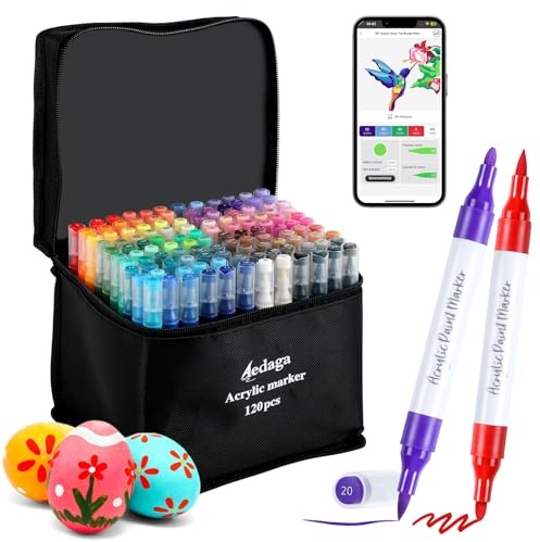AEDAGA 120 Couleurs Feutre Acrylique avec App, Acrylic Marker Double Pointe | Pointe Pinceau & Fine | Numérotés | Séchage Rapide | Non toxique | Feutre Coloriage Adulte pour Bois, Œufs, Pierre, Verre
