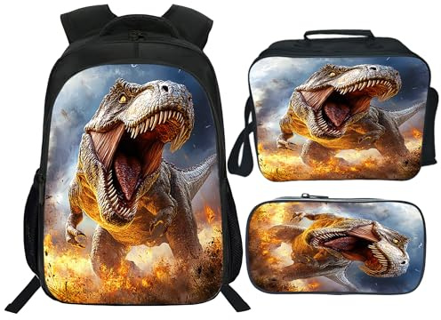 Neximag Juego de 3 mochilas de dinosaurio para niños y niñas, bolsa escolar T-Rex con lonchera y estuche para lápices, bolsa ligera de dinosaurio, perfecta para estudiantes de escuela secundaria