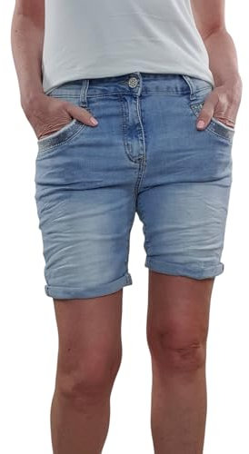 Jewelly Damen Baggy Jeans Stretch-Shorts| Kurze Denim Hose Boyfriend |Krempel Hose (DE/NL/SE/PL, Alphanumerisch, L, Regular, Regular, Denim Pailletten)