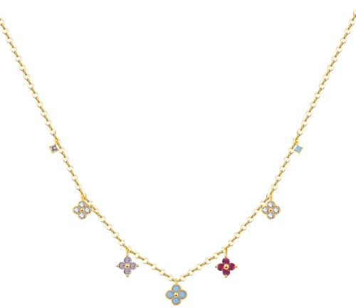 Hanaoops Kette Damen 14K Vergoldet Edelstahl Halskette Verstellbares Cubic Zirkonia Vierblättriges Kleeblatt Anhänger Ketten Stapelbare Wasserfeste Halsketten Schmuck Geschenk