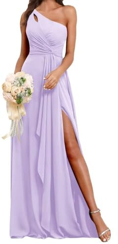 Vestidos de dama de honor de un hombro para boda, plisado, de gasa, formal, vestido largo con abertura AH127, Lila, 34