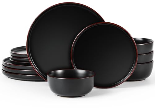 Richmount Mercury Servicio de Mesa 12 Piezas, Cerámica para 4 Personas con Platos y Cuencos, Microondas y Lavavajillas, Negro Mate
