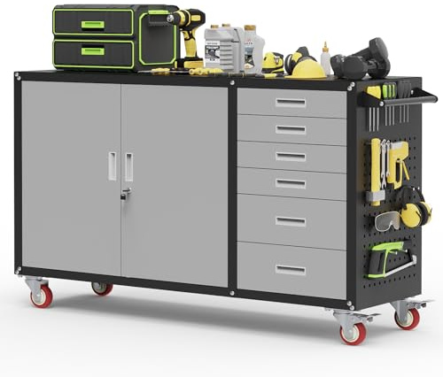 Rumetol 55W Heavy Duty Rolling Workbench with Drawers and Storage,1000 LBS Capacity Work Bench with Lockable Cabinet & Adjustable Shelf,Garage Workbench with Pegboard & Wheels for Garage/Repair Shop
