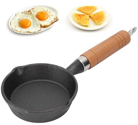 Agatige 10cm Mini Cast Iron Skillet with Wood Handle, Flat Bottom Egg Frying Pan for Pancakes, Non Stick Small Saucepan with Hanging Hole, Compatible with Gas, Induction & Electric Cooktops