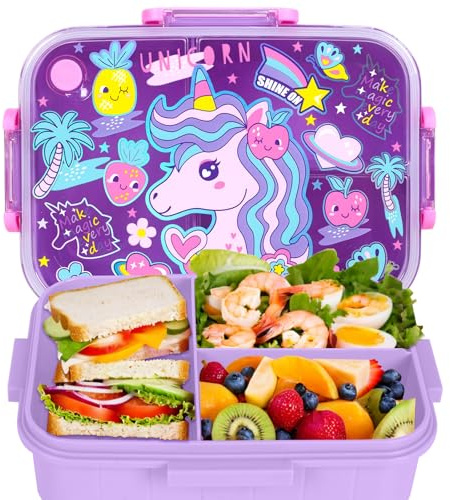 PinkSheep Bento Lunch Boxes for Kids, 1200 ml BPA-Free Leak-Proof Children Food Containers with Compartments for Boys Girls 4-8 Years (Unicorn Head)
