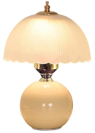 OOWDMPE Vintage Tischleuchte mit Kabel Keramik Nachttischlampe Glas Lampenschirm E27 Retro Tischlampe Minimalistische Nachttischleuchte Deko für Schlafzimmer Wohnzimmer （mit Leuchtmittel） (Gelb)