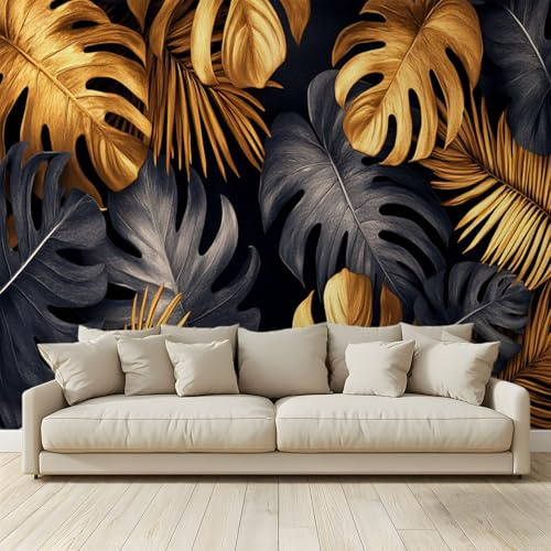 MKBKLI Papier Peint Panoramique Feuillage tropical noir doré Murale 3D Intissé Fresque Poster Décoration Fond De Mur Tv Salon Chambre 250 (H) x 175 (L) cm