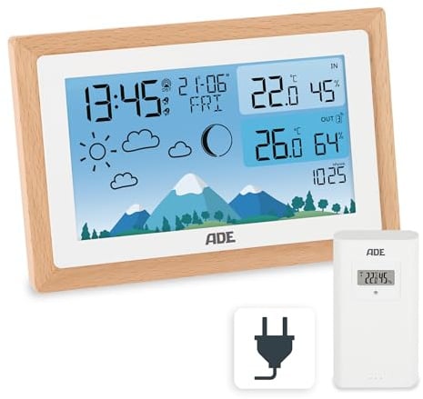 ADE Stazione meteo con sensore esterno | termometro ambiente | igrometro umidità casa | barometro | radiosveglia digitale da comodino | Batteria e adattatore di rete inclusi