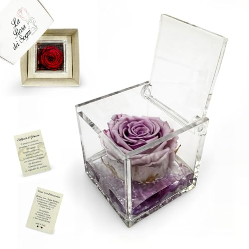 La Rosa dei Sogni Rosa Stabilizzata Profumata con Petali in gel in Cubo Trasparente - Confezione Regalo Elegante - Durata 5-7 anni - Made in Italy - 5x5 cm (Lilla)