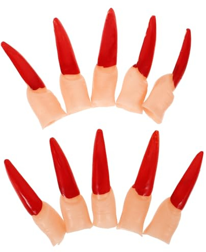 TOPPERFUN 10 Stück Wiederverwendbare Halloween Hexenfinger aus Kunststoff mit Roten Nägeln Realistische Multifunktionale Party Requisite für Gruselige Kostüme und Rollenspiele