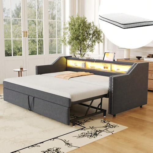Cabrio-Schubladenbett mit Stauraum, 90 / 180x190 cm - LED- und USB-Bettkopf, Lamellenbox, grau - Kommt mit 2