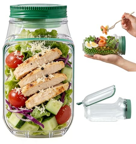UAVAUI Salad Jar, 700 ML Salad Container Side Opening with Salad Dressing Box, Plastic Compartment Salad Box for Work Outdoor Travel Party
