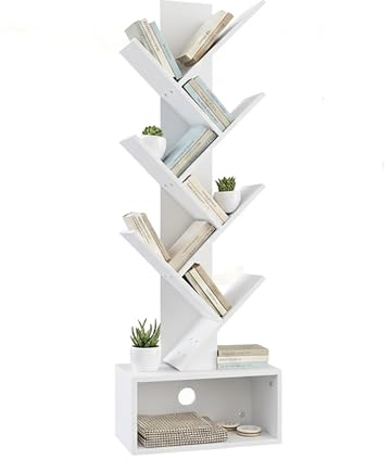 Relaxdays Bücherregal, 6 Ebenen, HBT: 113 x 38 x 20 cm, Baum-Design, Bücher & CDs, mit Stauraum, Wohnzimmerregal, weiß
