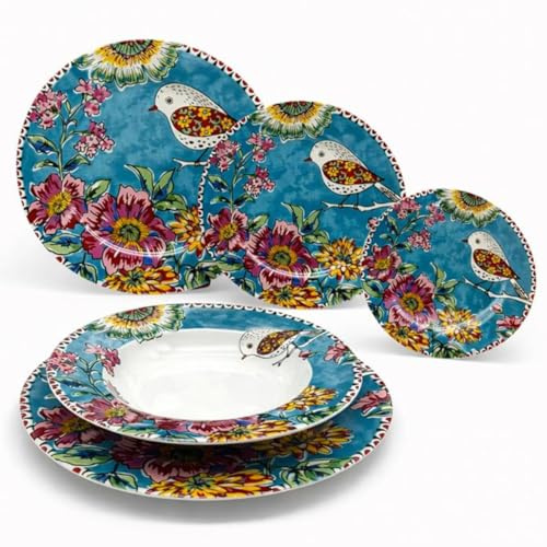 Leonardo Luxury Home Design Servizio Piatti 18 Pezzi Porcellana Decorazione Floreale Japan Birds Blu Set Tavola 6 Persone Piatti Piani Fondi Dessert Uccellino Lavastoviglie Microonde (Japan Birds Blu)