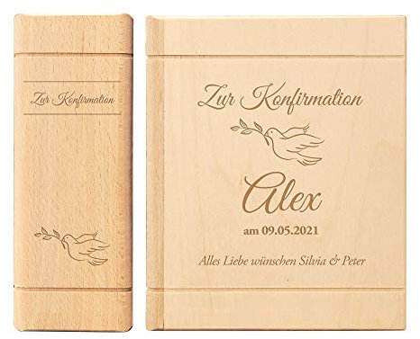 Casa Vivente Spardose in Bibel Buch Optik aus Holz mit Gravur zur Konfirmation, Personalisiert mit Namen und Datum, Motiv Taube, Sparbüchse aus Birkenholz als Geschenkidee, Konfirmationsgeschenk
