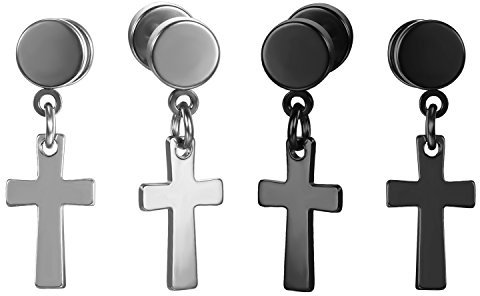 Flongo 2 Paare Kreuz Ohrhänger Set Paar Ohrringe religiös Ohrringe mit Kreuz Anhänger fake plug tunnel Piercing Ohrstecker mit rund Schraube für Damen Herren ilber schwarz