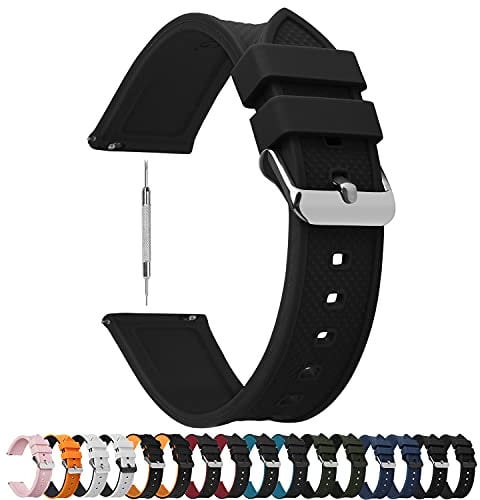 Fullmosa 8 Farben Uhrenarmband 20mm Silikon Ersatzarmband mit Edelstahlschnalle, silikon armband 20mm Schwarz + Silberne Schnalle