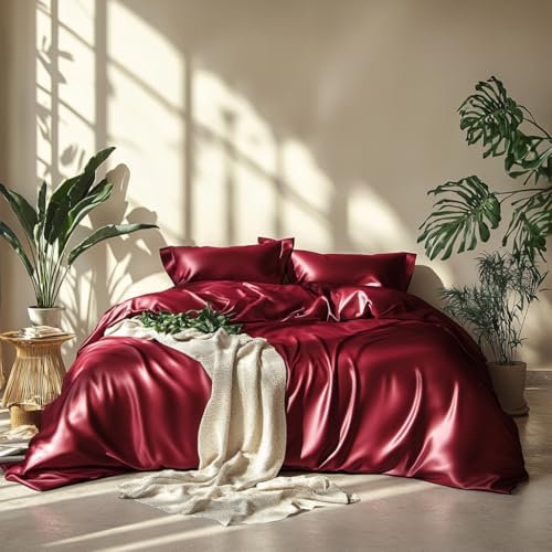 Lanqinglv Satin Bettwäsche Set 220x240 cm Weinrot Rot Burgund Seide Glatt Glanzsatin Luxus Sommerbettwäsche Set Satin Polyester Uni Doppelbett Bettbezug mit Reißverschluss und 2 Kissenbezug 80x80cm