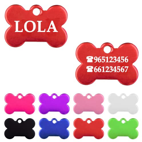 Ibera Gifts - Chapa Perro Grabada en Forma de Hueso, Placa Perro Personalizada para Perros y Gatos Muy Pequeños o Cachorros, Tamaño 22 x 15 mm, Chapa Identificativa Perro y Gato (Roja)