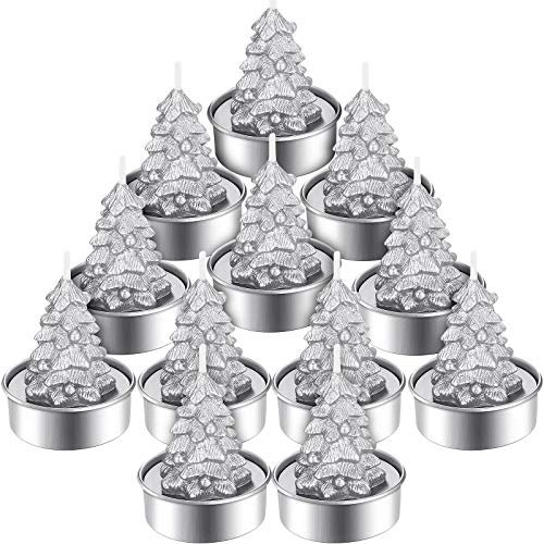 Nuanchu 12 Stücke Weihnachtsbaum Teelicht Kerzen Handgemachte Zarte Baum Kerzen für Weihnachten Haus Dekoration Geschenke (Silber)