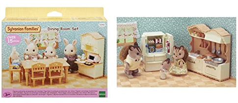 SYLVANIAN FAMILIES - Conjunto de Cocina + Conjunto de Comedor: Muebles Realistas y Detallados de Plástico, Multicolor, 1:12, 8 cm, para Minimuñecas, Unisex, de 3 años en adelante