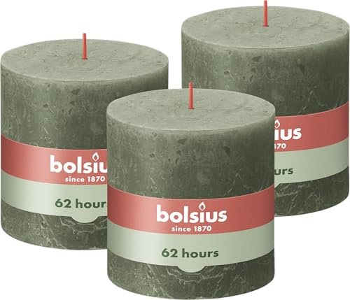 Bolsius Rustik Stumpenkerze XXL - Olivengrün - 3 Stück - 10 x 10 cm - Dekorativ - Länge Brenndauer 62 Stunden - Unparfümierte - Enthält Natürliches Pflanzenwachs - Ohne Palmöl