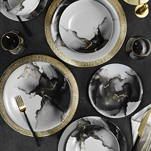 Kütahya Porselen 107412 - Vaisselle Complète et Élégante pour 6 Personnes - 24 Pièces en Porcelaine - Exclusive et Spéciale Blanche, Noire et Or