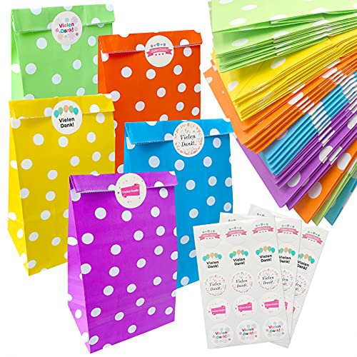 30 Stück Papiertüten mit 45 Aufkleber (Auf Deutsch) Bunte Geschenktüten Candy Tüten Papiertüten zum Geschenken, Giveaways, Burtstag, Party, Hochzeit, usw 13cmx8cmx24cm