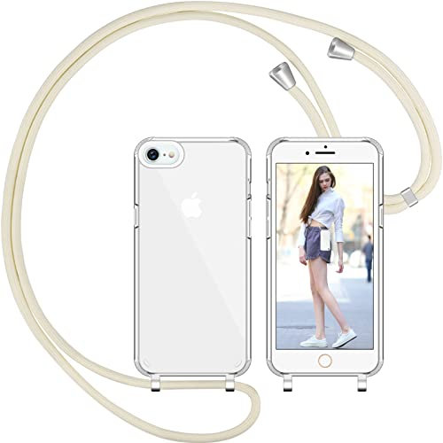 Nupcknn Funda Silicona Líquida con Cuerda para iPhone 7/8/iPhone SE 2020, Carcasa Suave Silicona Case con Correa Colgante Ajustable Collar Correa de Cuello Cadena Cordón (Beige)