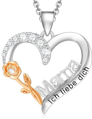 ENGRAWELRY Damen Halskette Gravur Mama Ich liebe dich Silber 925 Kette Anhänger Herz Rose Kristallschmuck Originell Geschenk für Weihnachten Muttertag Geburtstag