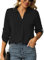 Odosalii Blouses for Women UK Elegant Black Smart Tops Lapel V Neck Roll Up Sleeve Polo Tee Shirts Spring Fashion Blouse Size 18-20