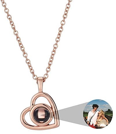 ZLHZW Personalised Photo Necklace for Women - Custom Picture Love Heart Projection Pendant - Customised Portrait Jewelry - Memorial Birthday for Mother Wife Girlfriend Daughter - Rosegold