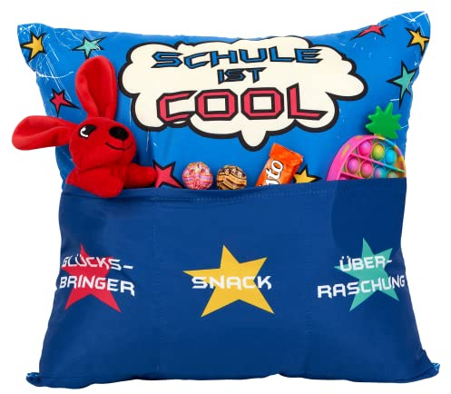 KAMACA Originelles Dekokissen Kissen mit 3 Taschen zum selber Befüllen Größe 43x43 cm tolles Geschenk für Einschulung Schulwechsel (Schule ist cool)