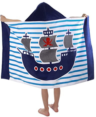 Toallas de Baño Bebé Toallas de Playa para Niños Poncho con Capucha 100% Algodón Toalla Piscina de 2-7 años, 76 * 127cm, Barco pirata