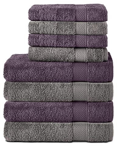 Komfortec 8er Handtuch Set aus 100% Baumwolle, 4 Badetücher 70x140 und 4 Handtücher 50x100 cm, Frottee, Weich,Groß, Anthrazit Grau/Violett