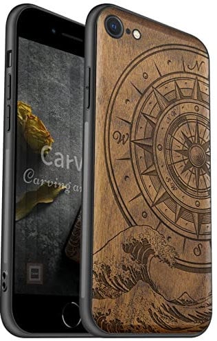 Carveit Holz Handyhülle für iPhone SE und 2022 Cover iPhone 8 Hull [Einzigartig Stilvolle Aussehen] Stoßfeste Stoßstange Kompatibel mit iPhone SE 2020 Hülle（Nussbaum-Der Kompass vor Kanagawa Waves）