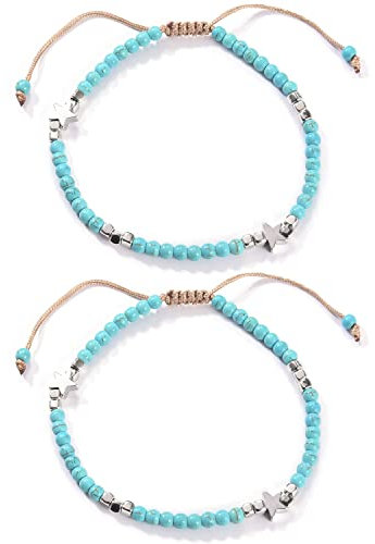 Liitata 2 Pcs Boho Turquoise Anklet Bracelet Handmade Star Beaded Anklet Foot Chain Adjustable Woven Rope Anklet Summer Hawaii Beach Jewelry for Women Girls