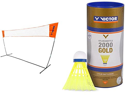 VICTOR Easy Badmintonnetz - Höhenverstellbares Outdoor Multifunktionsnetz, 350 * 155 & Nylon Shuttle 2000 Gold Federball 6er Dose gelb-blau
